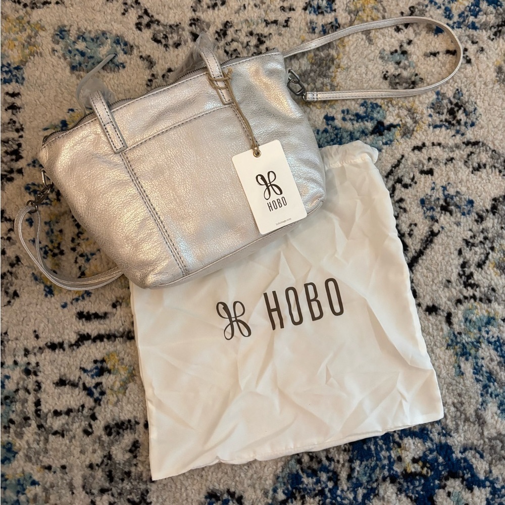 HOBO Kingston Mini Tote in Metallic Silver Leather w/ removable crossbody strap - Picture 3 of 14